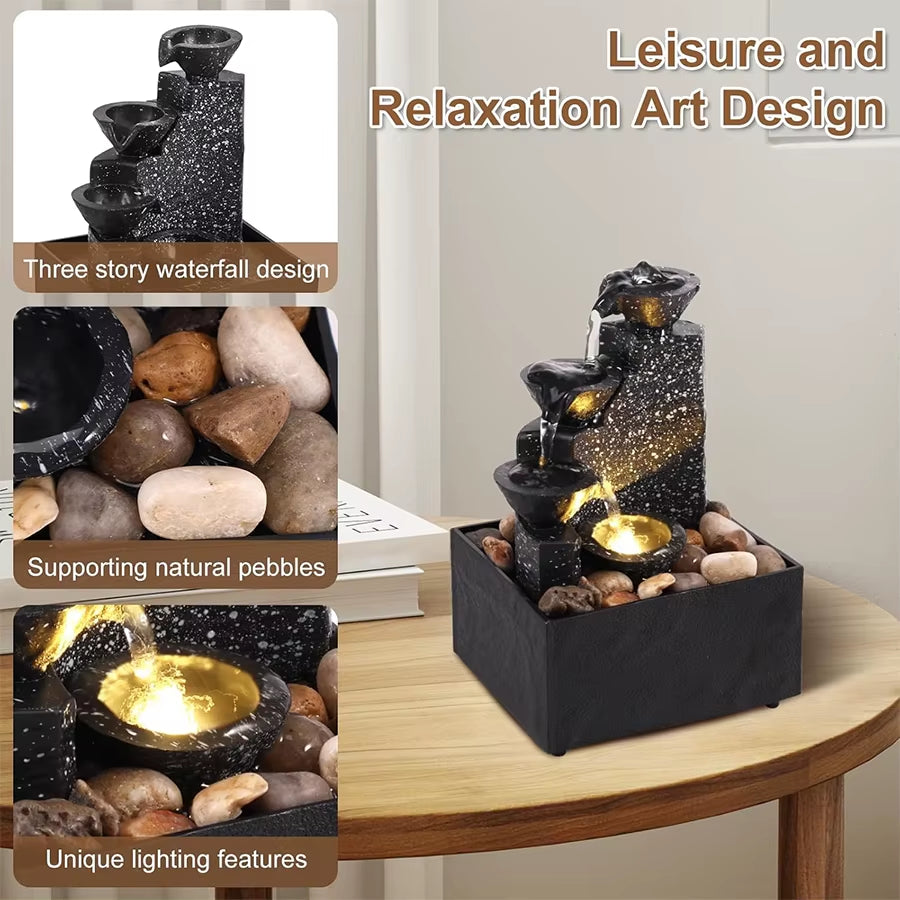 Mini Zen Tabletop Fountain - Relaxing LED Waterfall for Office Desk, Yoga Room & Feng Shui Decor