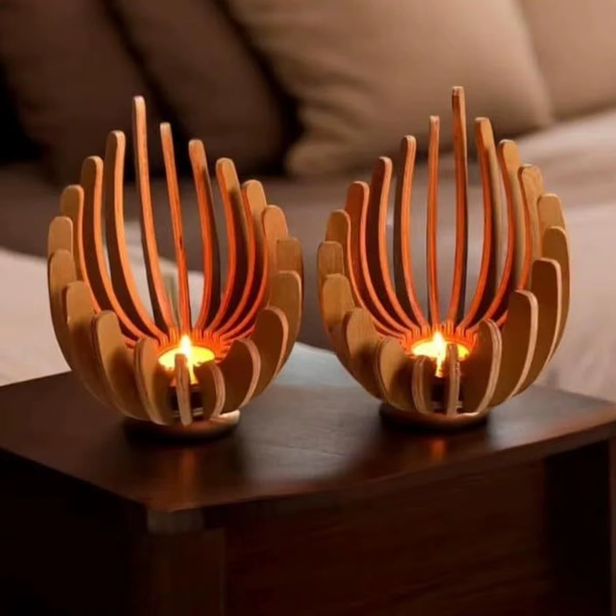 1Pc Hand-Assembled Lotus Candle Holder - Elegant Wooden Tea Light Centerpiece, Home Table Decor for Weddings, Christmas