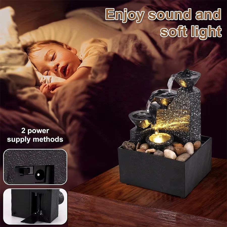 Mini Zen Tabletop Fountain - Relaxing LED Waterfall for Office Desk, Yoga Room & Feng Shui Decor